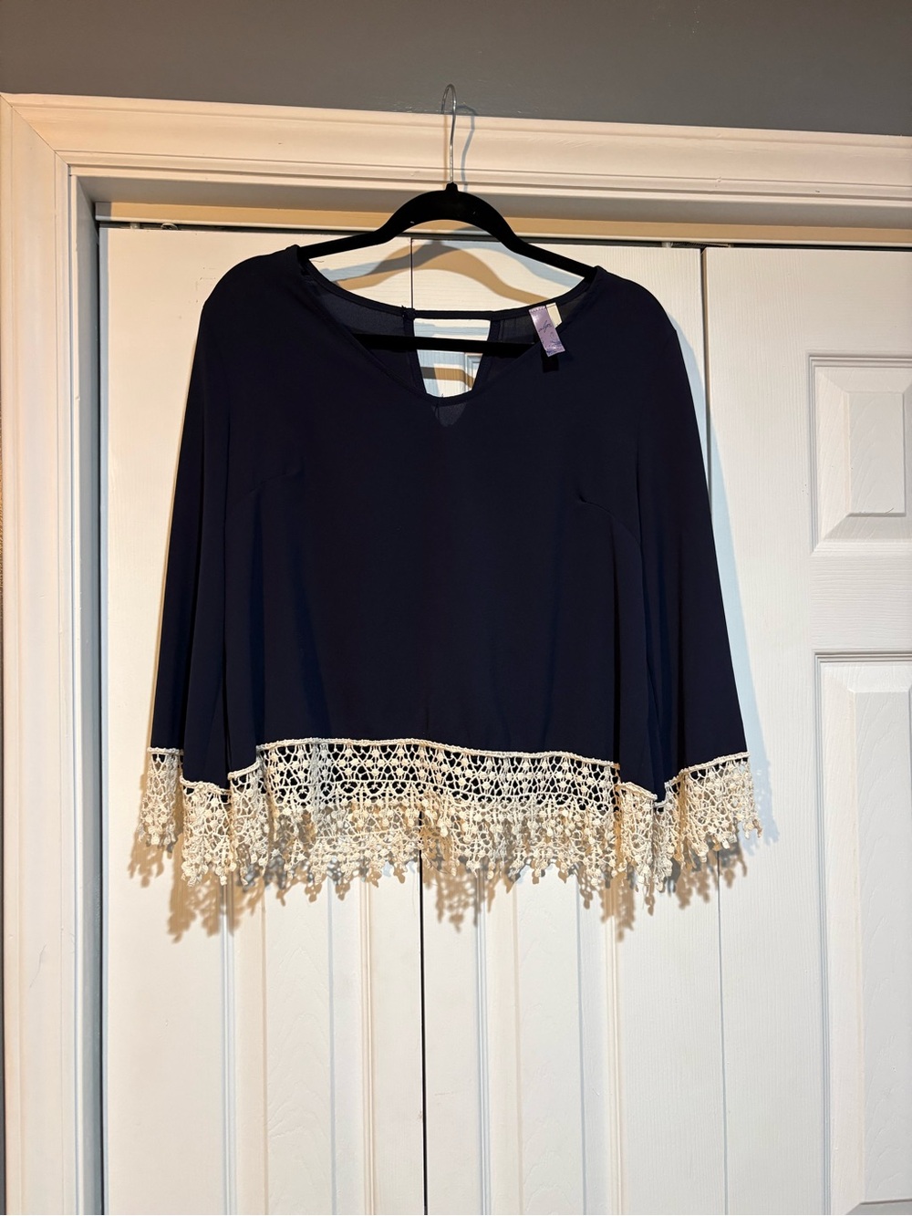 Alya Navy Top with Ivory Crochet Trim